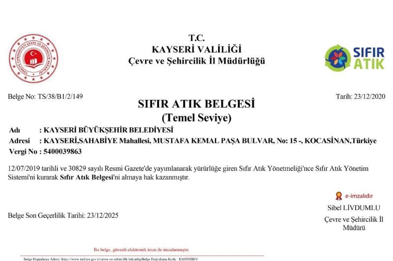 Kayseri Büyükşehir Belediyesi ’Sıfır Atık’ belgesi aldı
