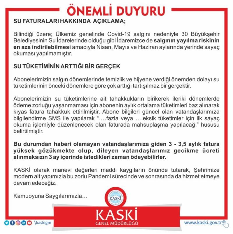 KASKİ Genel Müdürlüğü tarafından su faturalarına ilişkin açıklama yapılmıştır