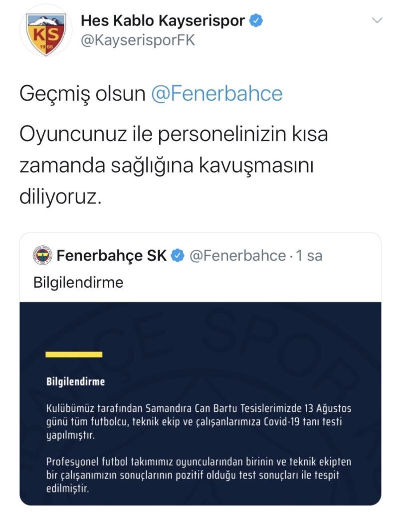 Kayserispor’dan Fenerbahçe’ye geçmiş olsun mesajı