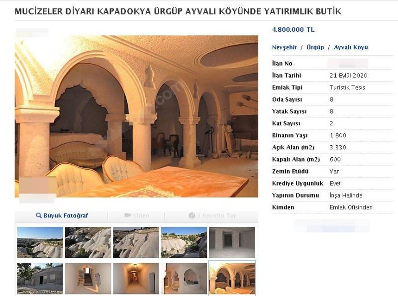 Kapadokya’da pes dedirten görüntü: Kayalar oyuldu, ‘butik otel’ olarak satışa sunuldu