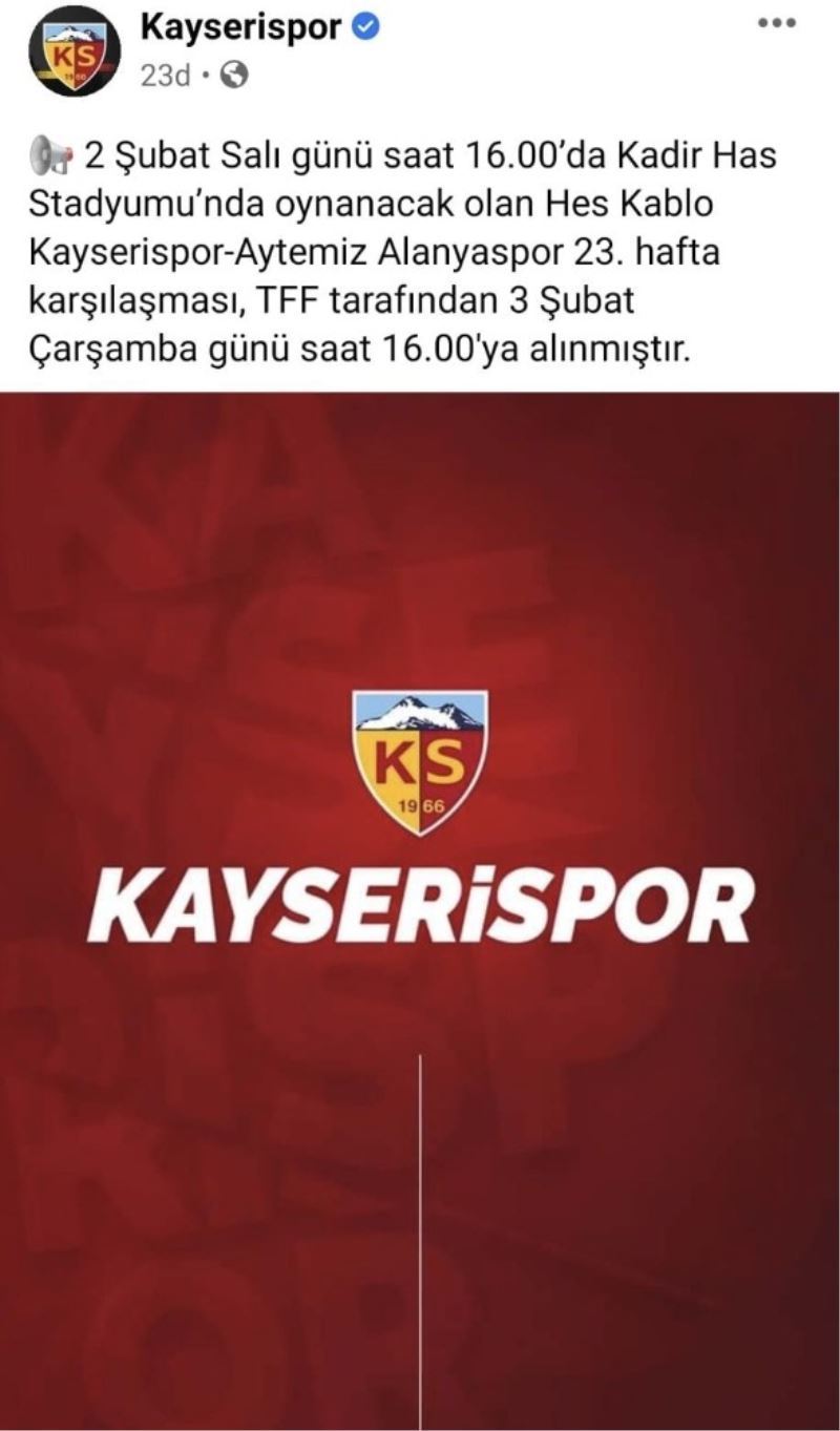 Hes Kablo Kayserispor - Aytemiz Alanyaspor maçı ertelendi
