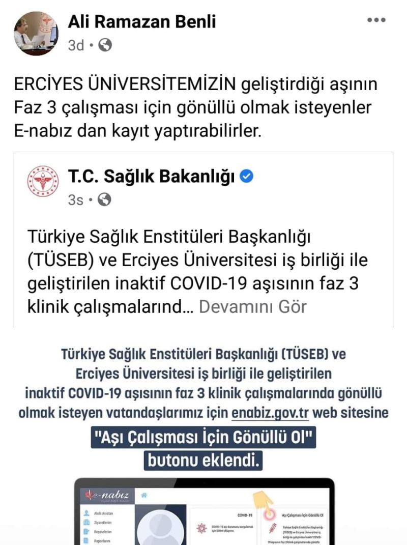 ERÜ Covid-19 aşısı için gönüllü arıyor
