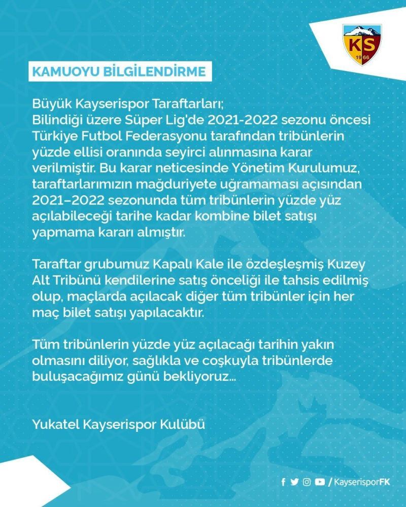 Kayserispor yeni sezonda kombine bilet satışı yapmayacak
