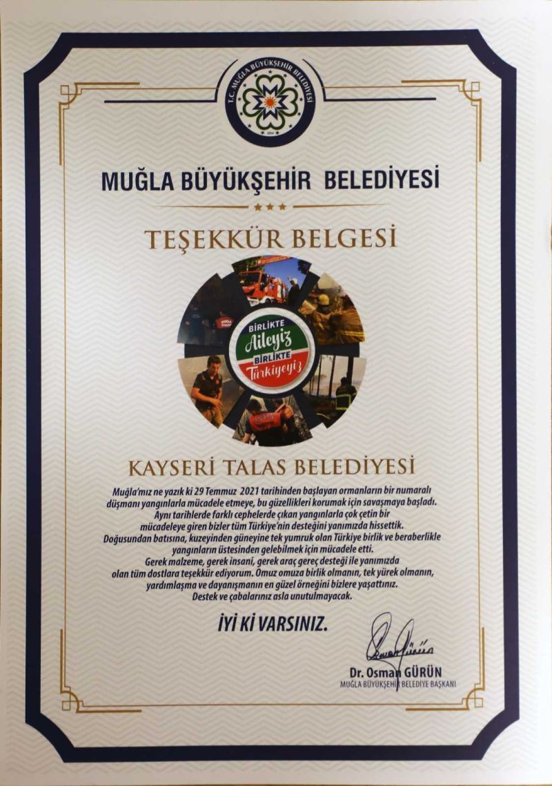 Muğla Belediyesi’nden Talas’a ‘yangına müdahale’ teşekkürü
