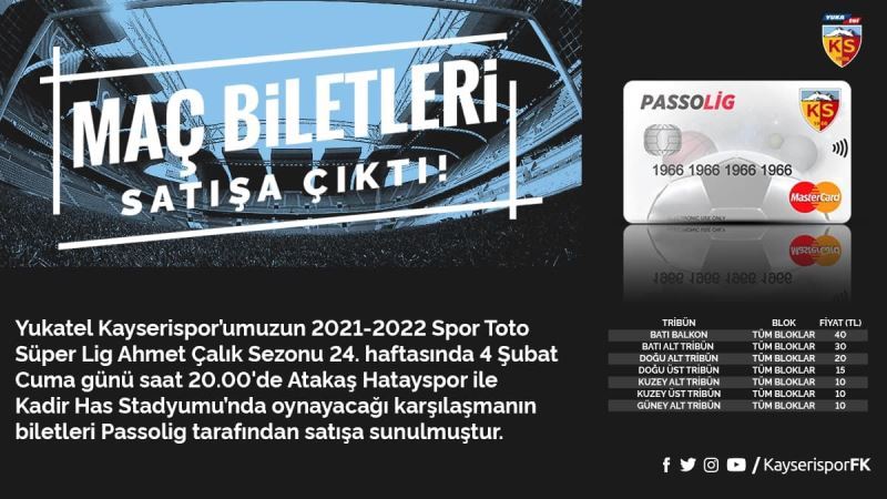 Kayserispor-Hatayspor maçı biletleri satışta
