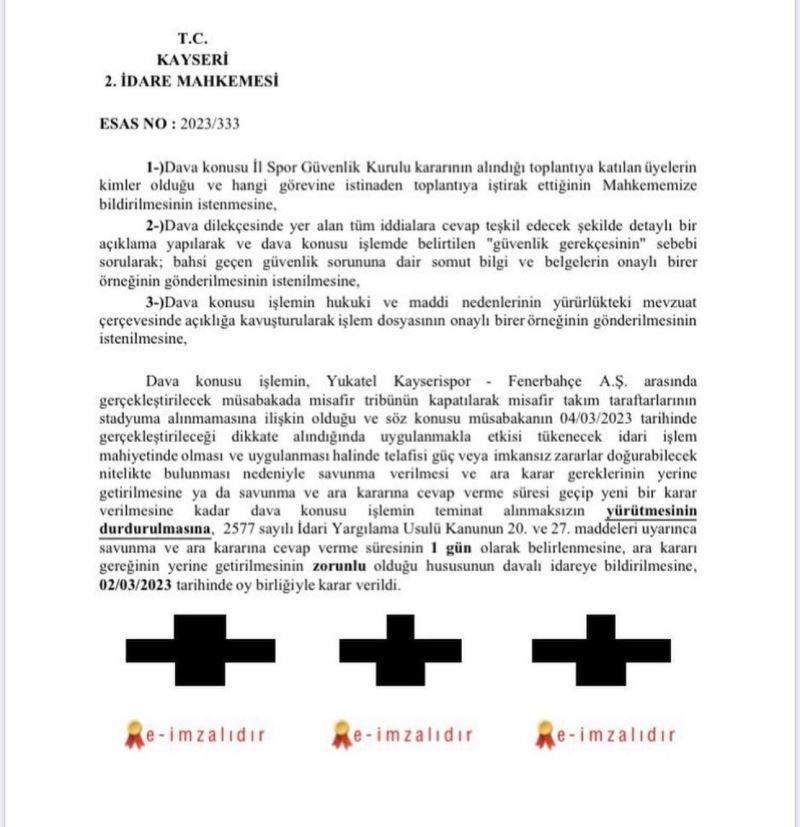 Kayserispor - Fenerbahçe maçına misafir takım taraftarı girebilecek
