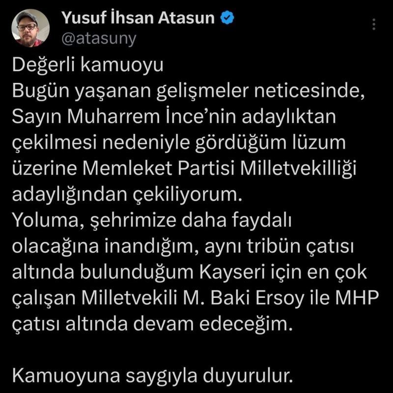 Memleket Partili Atasun, milletvekiliği adaylığından çekildi
