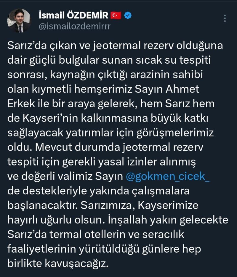 Özdemir’den Sarız’a ’jeotermal’ müjdesi
