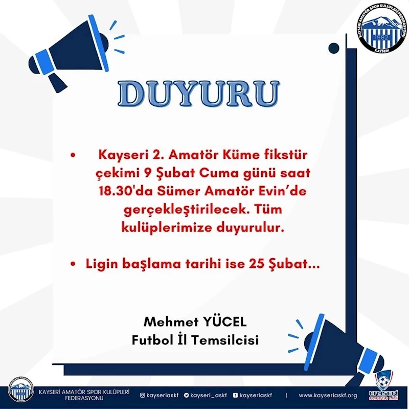 Kayseri’de 2. Küme fikstürü yarın çekilecek
