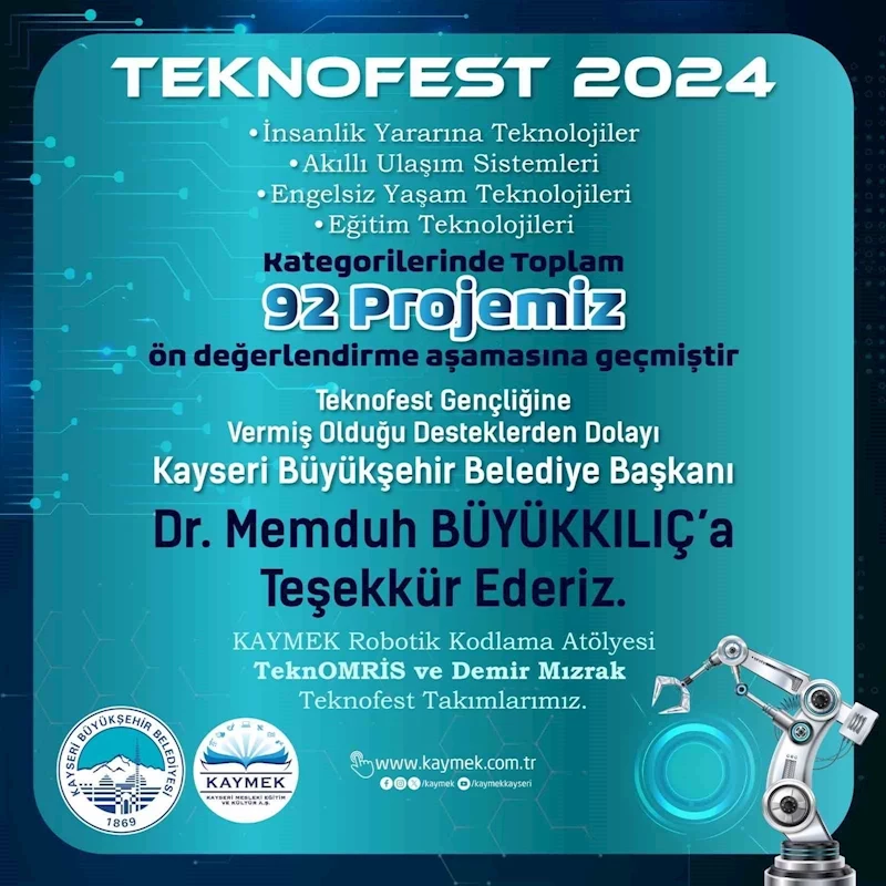 KAYMEK’in Teknofest gençliği 92 proje ile ön değerlendirme aşamasına geçti
