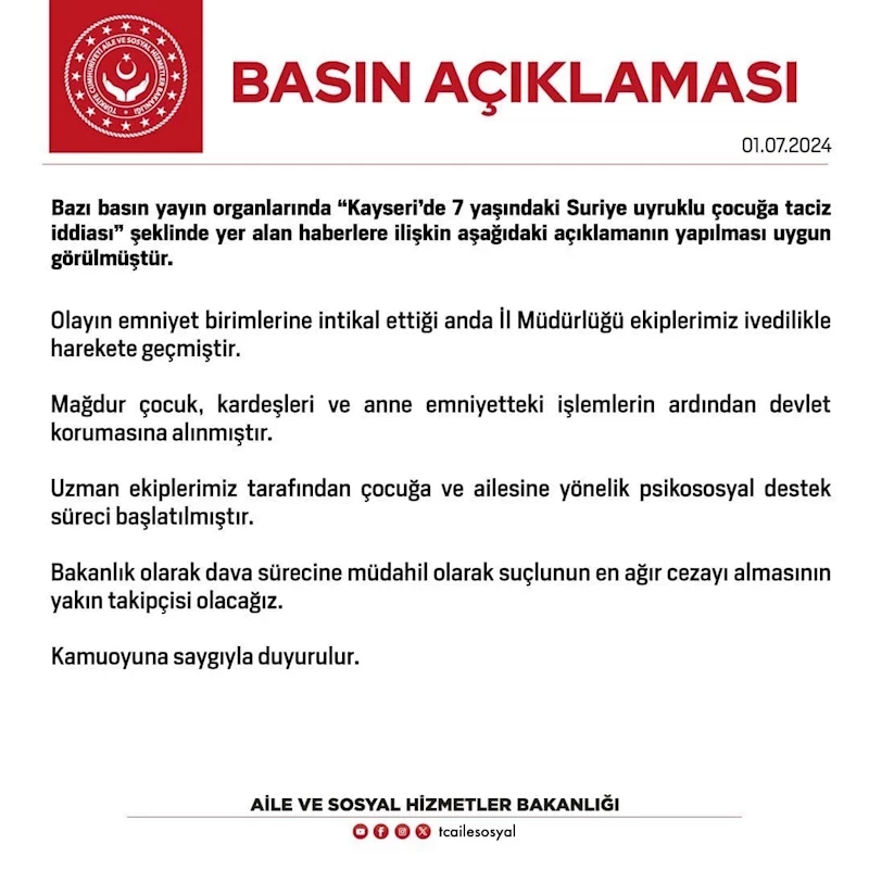 Aile ve Sosyal Hizmetler Bakanlığı’ndan Kayseri’deki taciz iddialarına ilişkin açıklama
