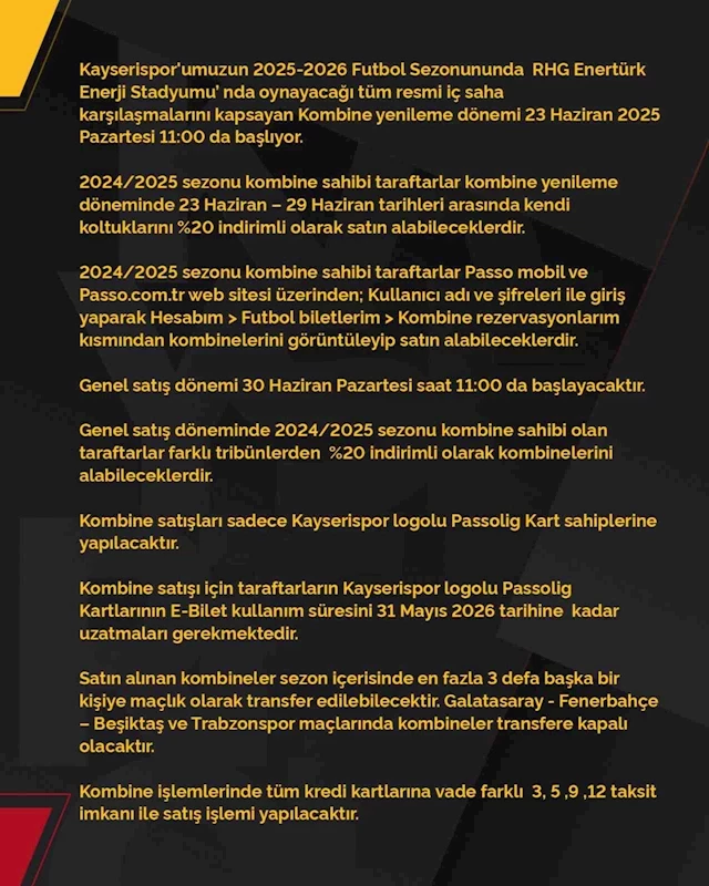 Kayserispor, kombine bilet fiyatlarını belirledi
