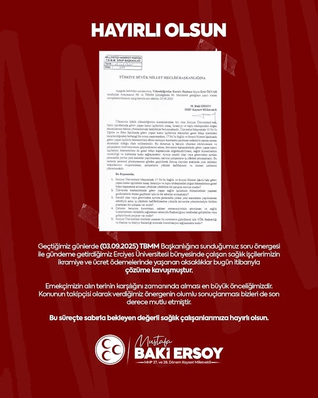 Milletvekili Ersoy’dan sağlık işçilerine müjde

